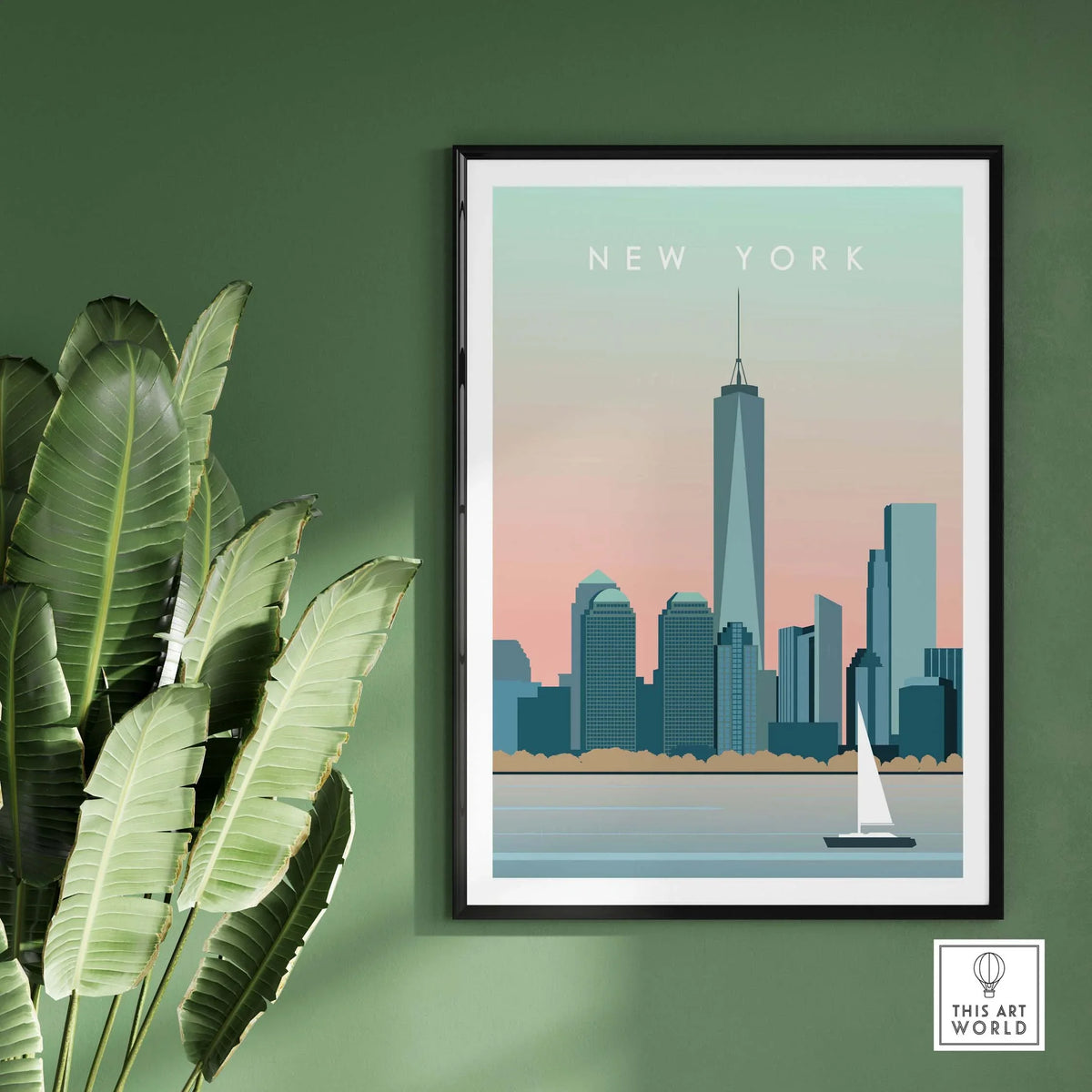 Framed New York City print wall art poster featuring the skyline and a sailboat against a green wall backdrop.
