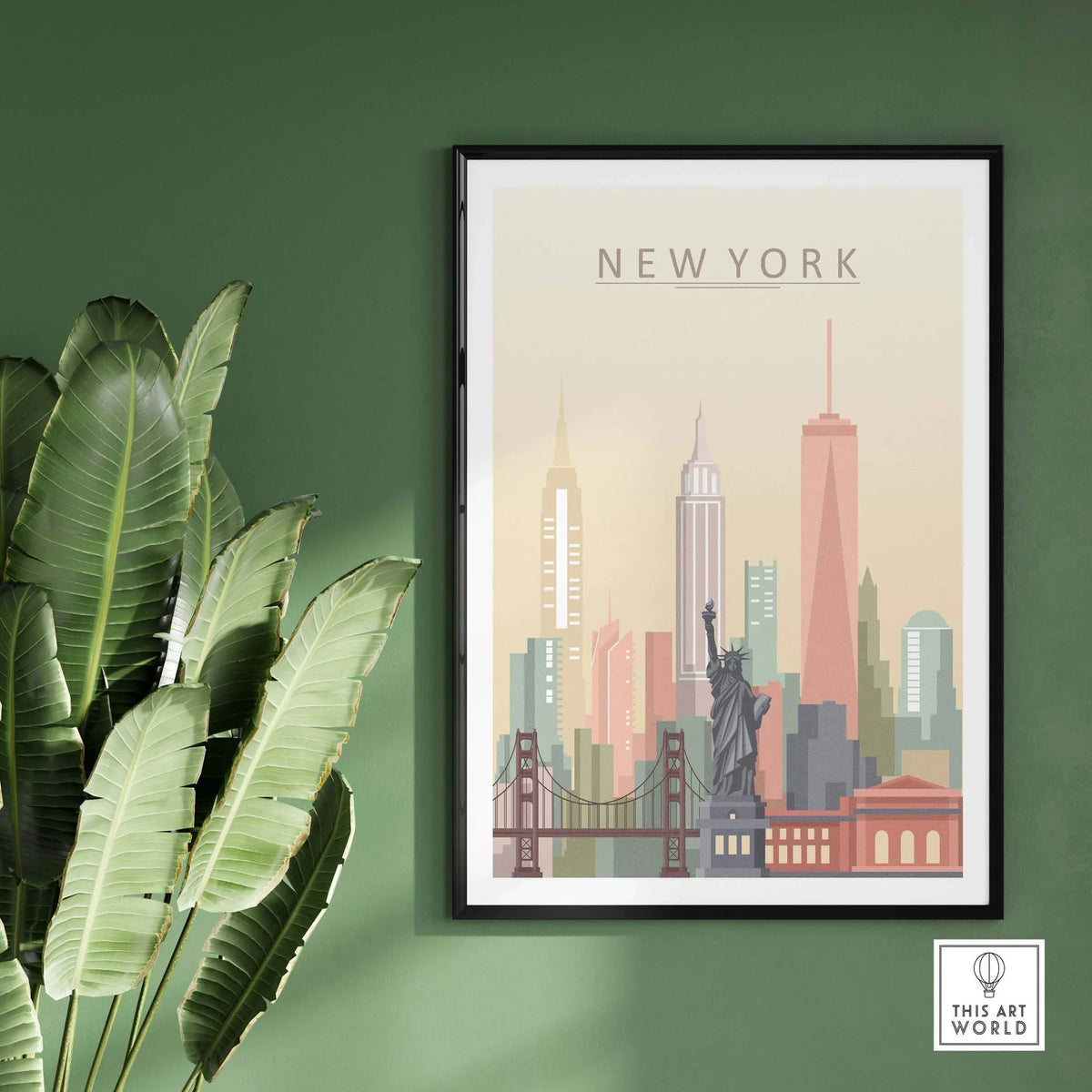 New York City skyline print featuring the Statue of Liberty and iconic buildings, framed on a green wall.