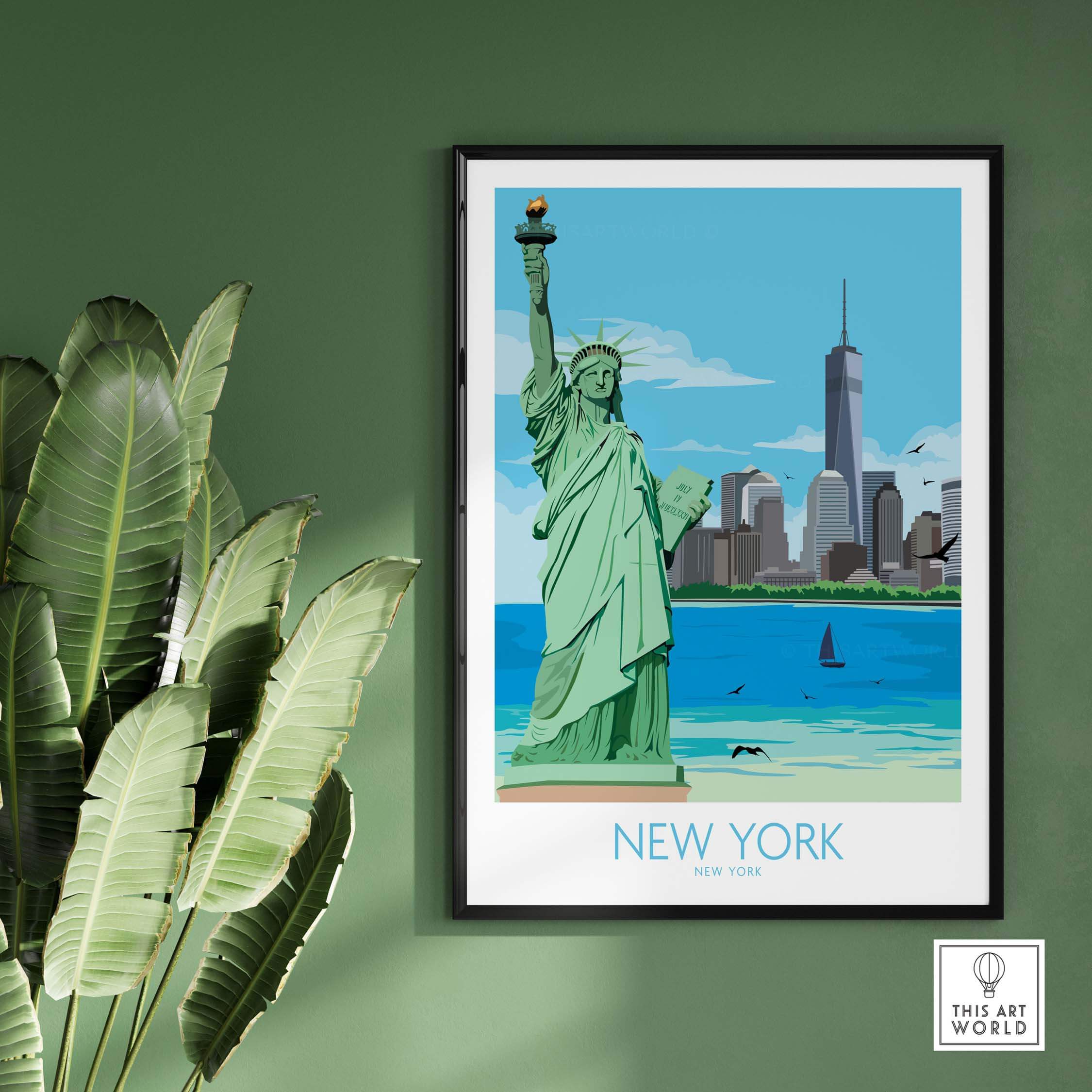Framed New York City poster featuring the Statue of Liberty and skyline, perfect for travel-inspired decor.