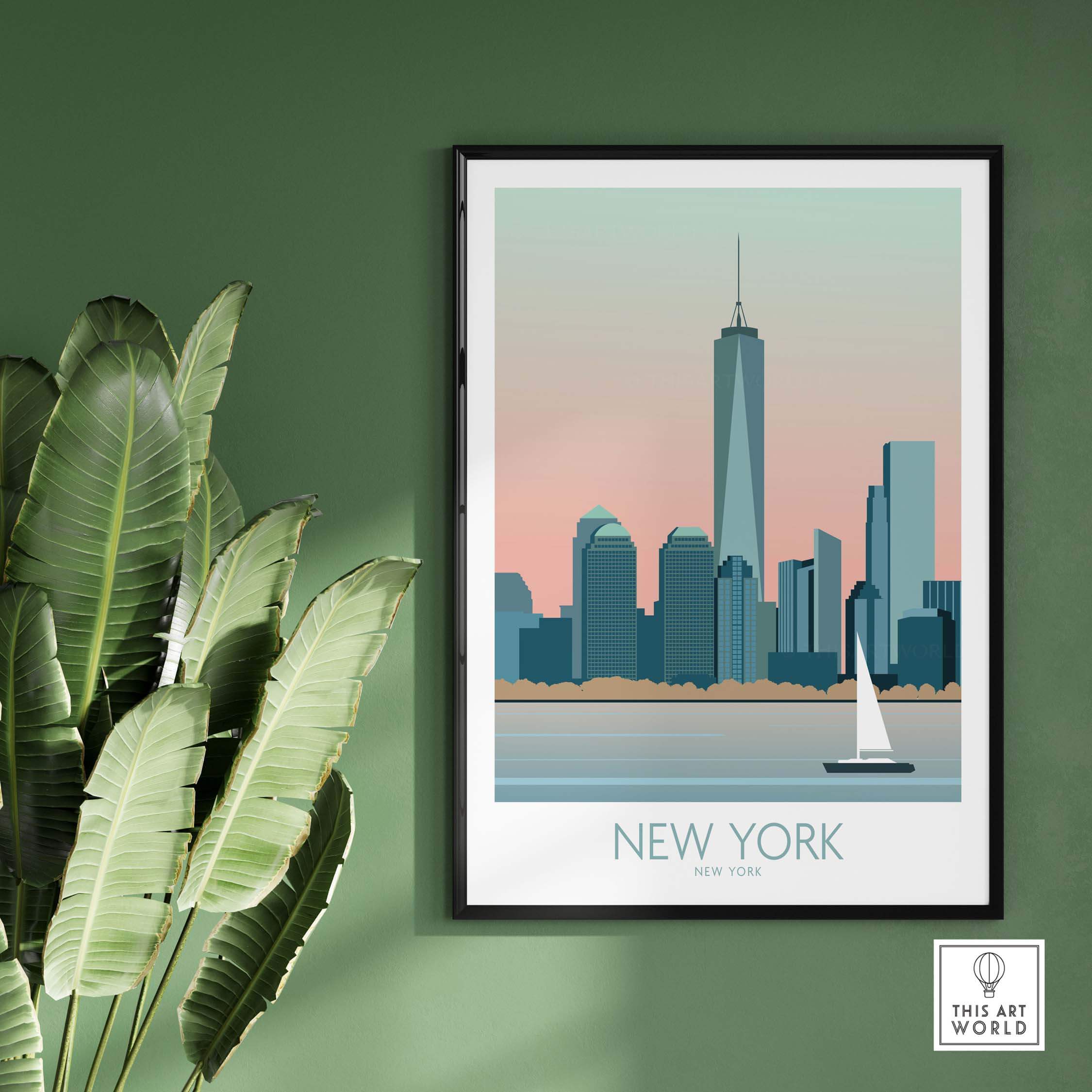 New York Print Poster featuring a skyline and sunset, perfect for home decor or office artwork.