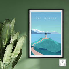 New Zealand print wall art poster featuring a scenic landscape with mountains and coast, perfect for home decor.