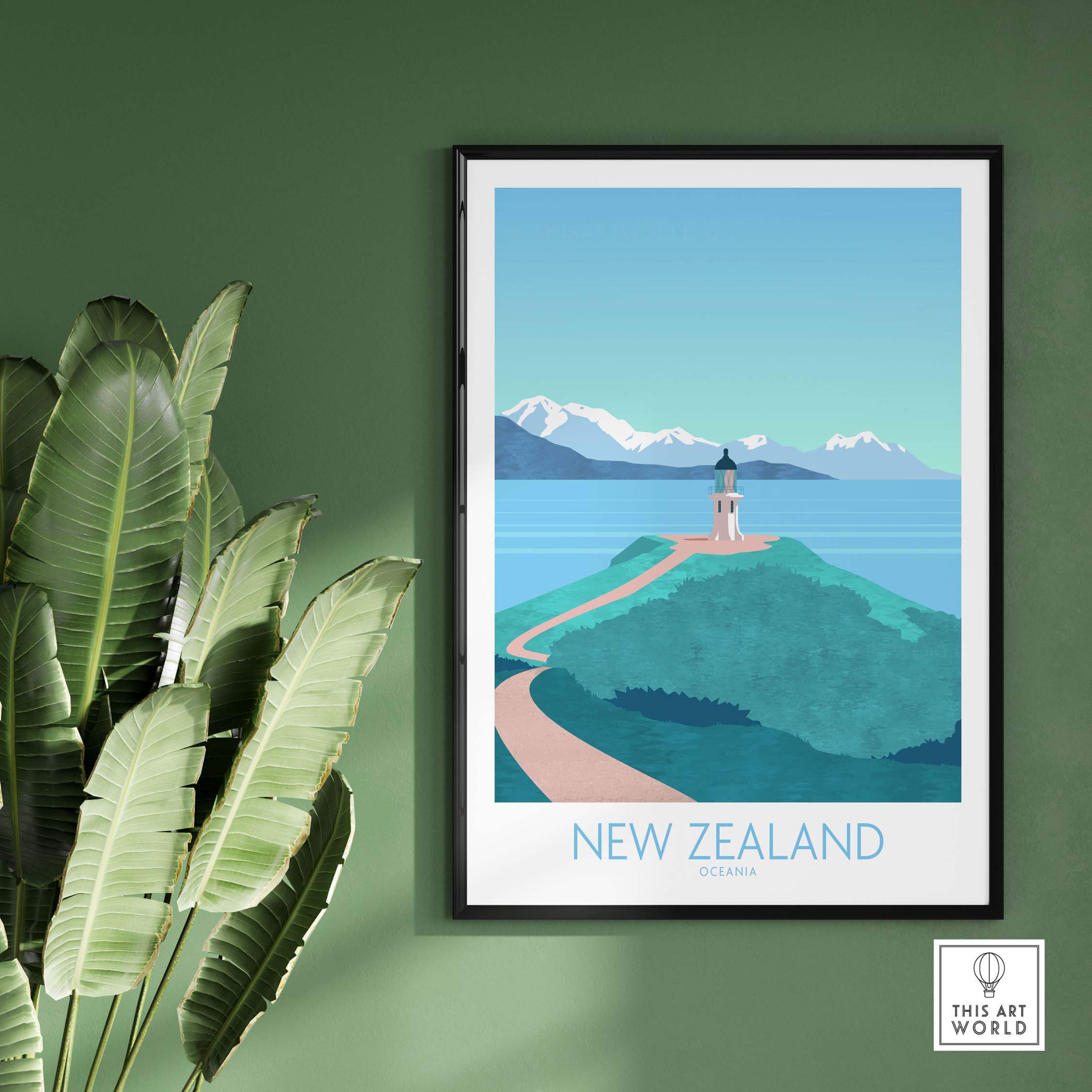 New Zealand print travel poster showcasing a scenic landscape with mountains and water, perfect for wanderlust decor.