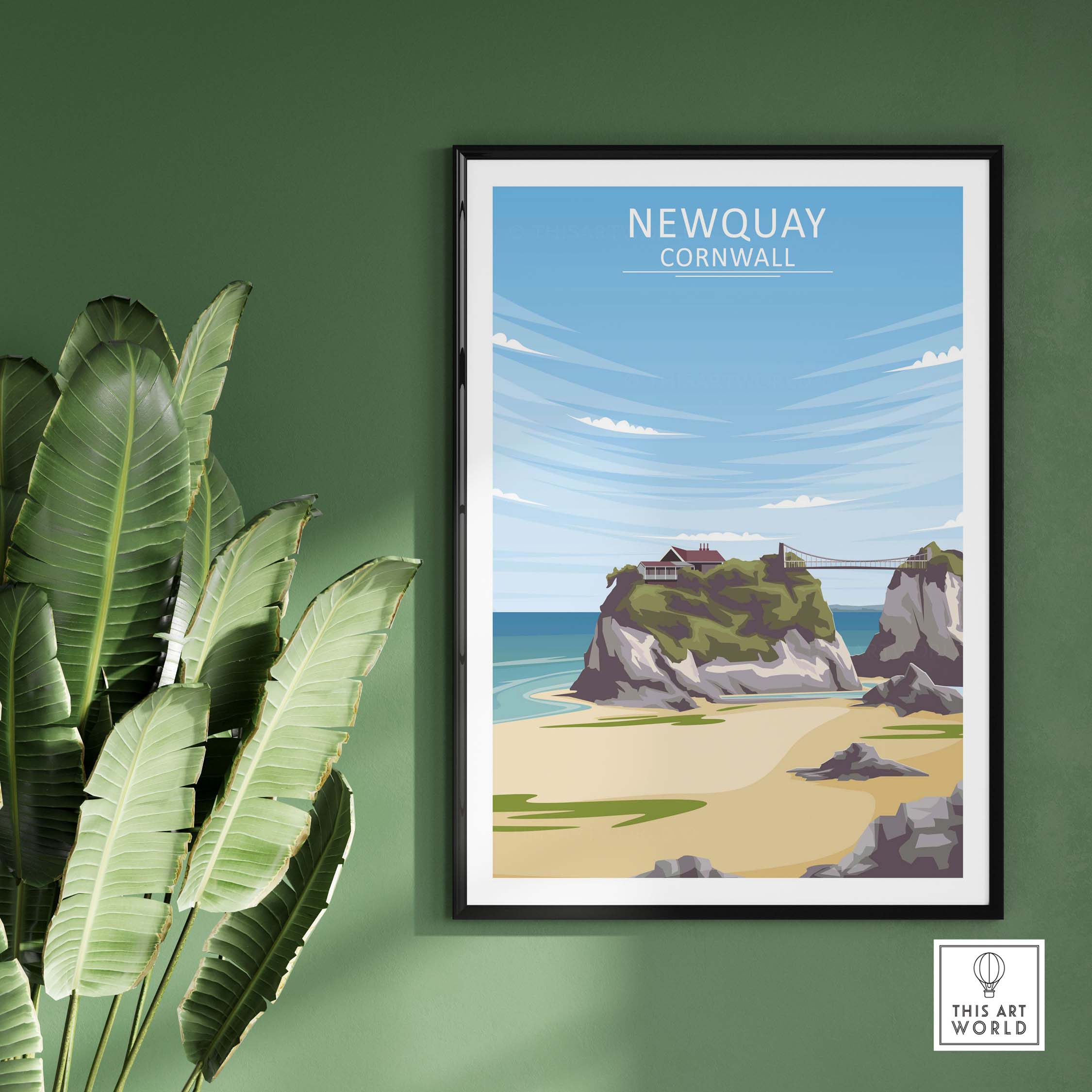 Newquay print Cornwall poster displaying coastal landscape art in a stylish frame on a green wall.