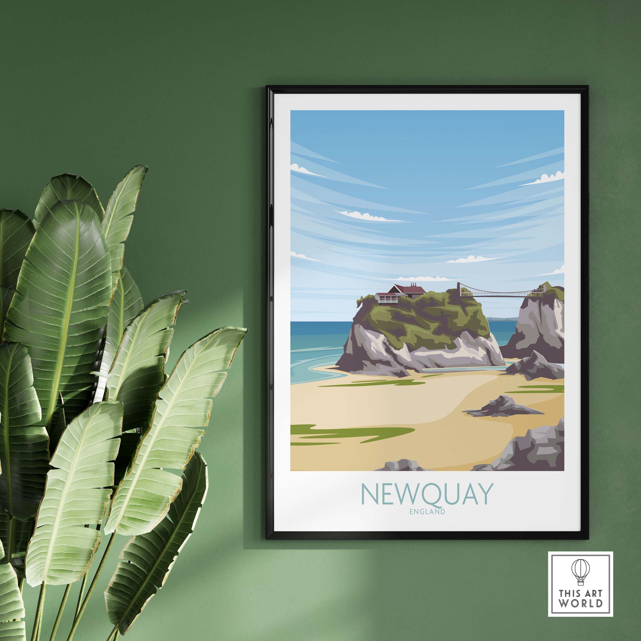 Newquay Cornwall travel poster featuring scenic beach and cliffs, ideal wall art for travel lovers.