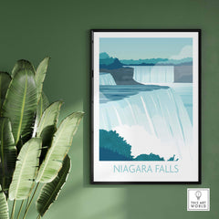 Niagara Falls print wall art on a green wall, inspired by vintage travel posters, framed and stylish.