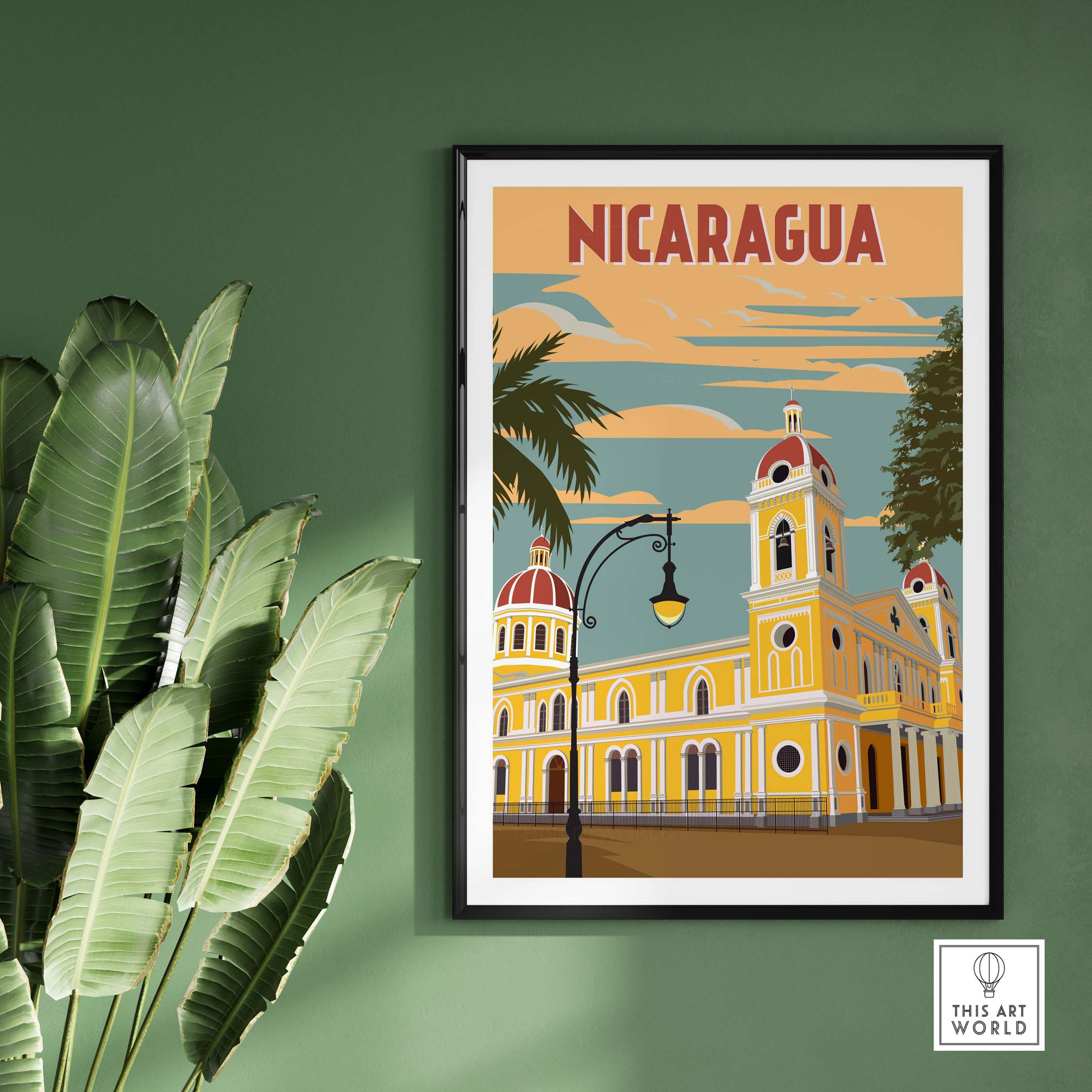 Nicaragua vintage travel poster featuring colorful architecture and palm trees, perfect for home or office wall art.