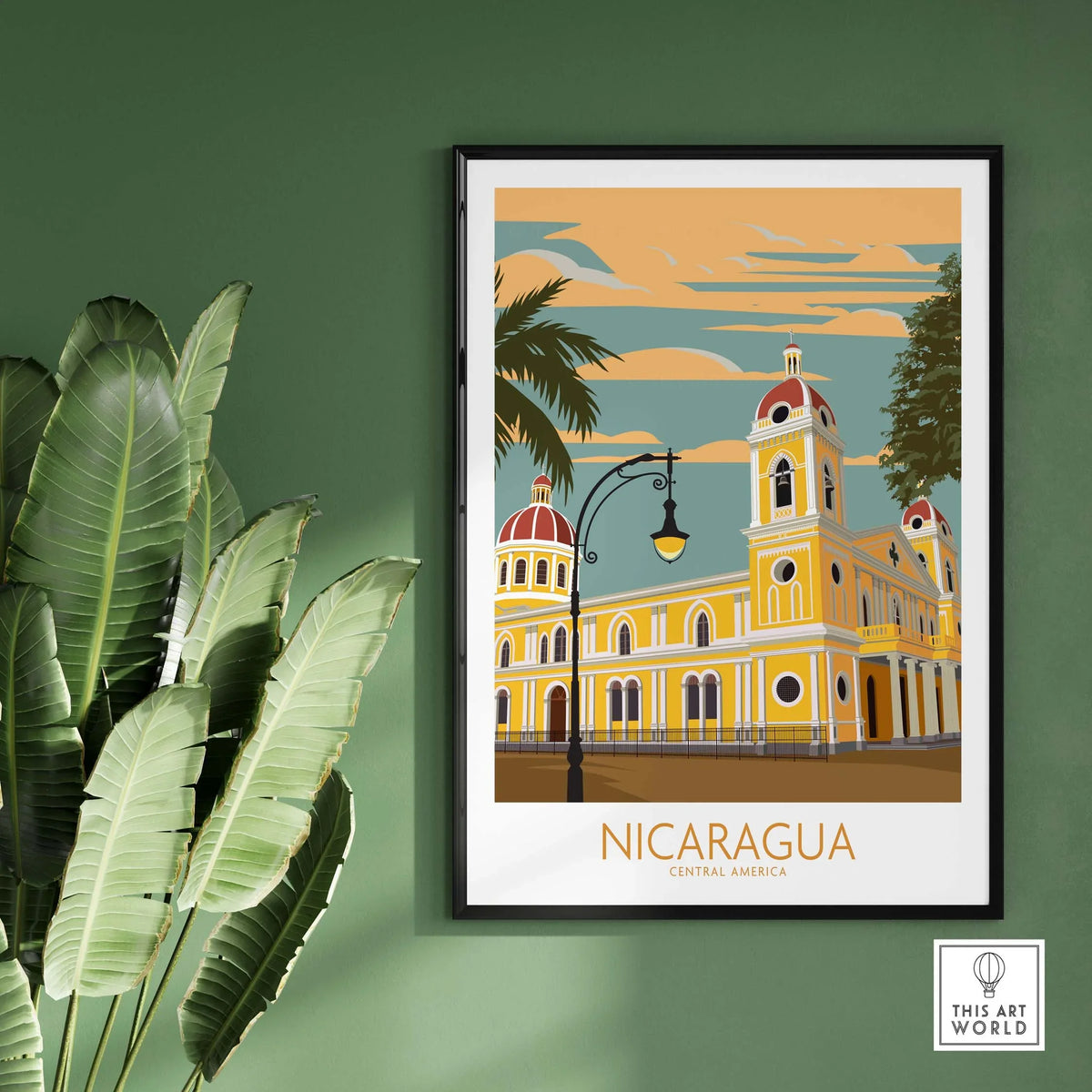 Nicaragua print featuring vintage travel poster design with central American architecture and palm trees.