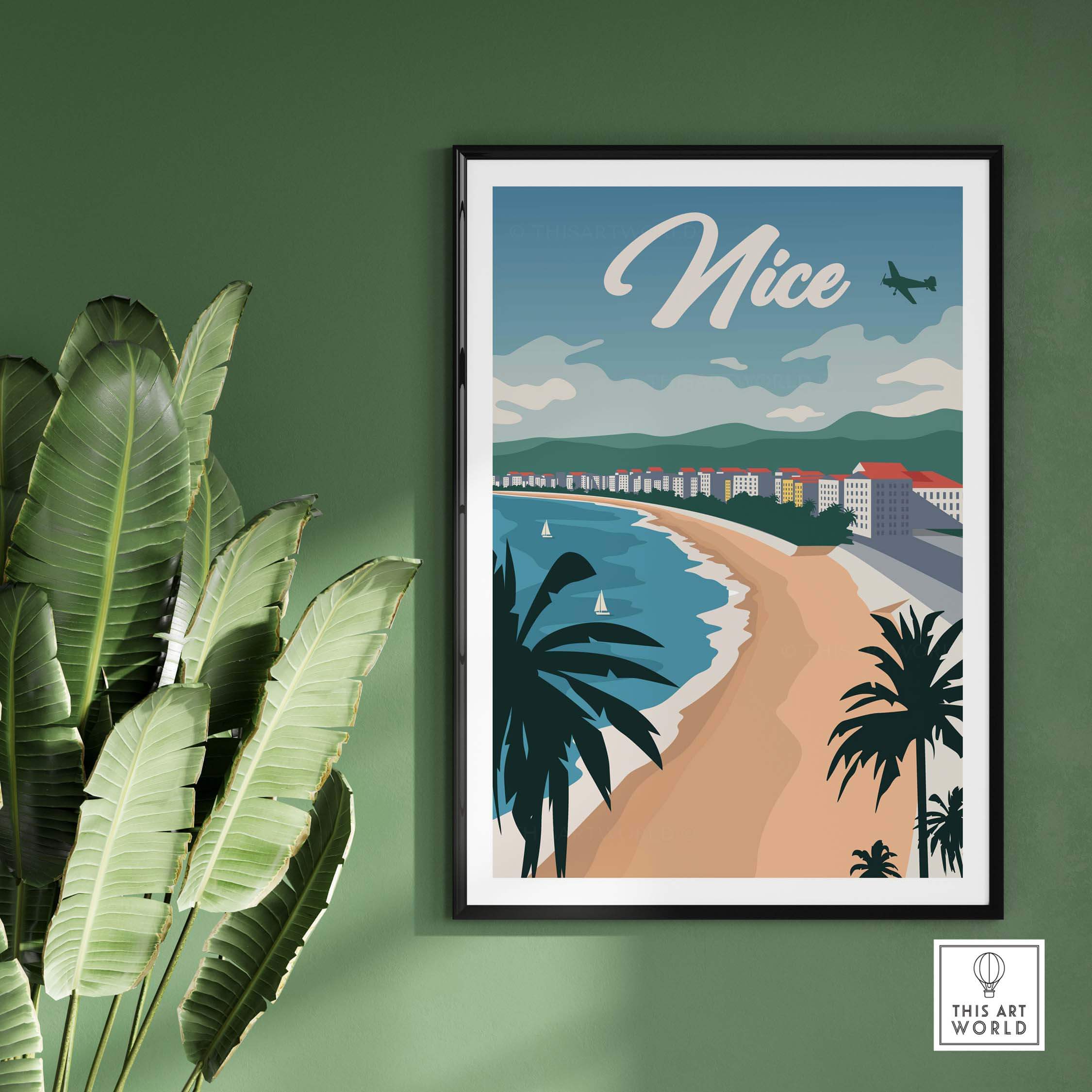 Nice France poster wall art print featuring a beach scene, palm trees, and vibrant colors.