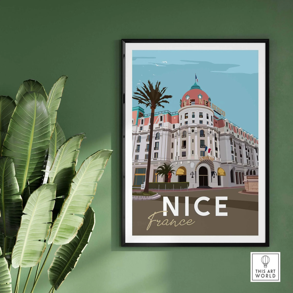 Nice France print poster wall art featuring a vintage building with palm trees, perfect for home or office decor.