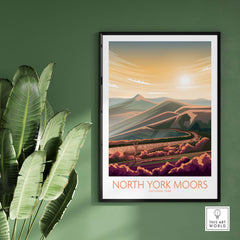 North York Moors National Park poster framed on a green wall with tropical plants, showcasing minimalist landscape art.