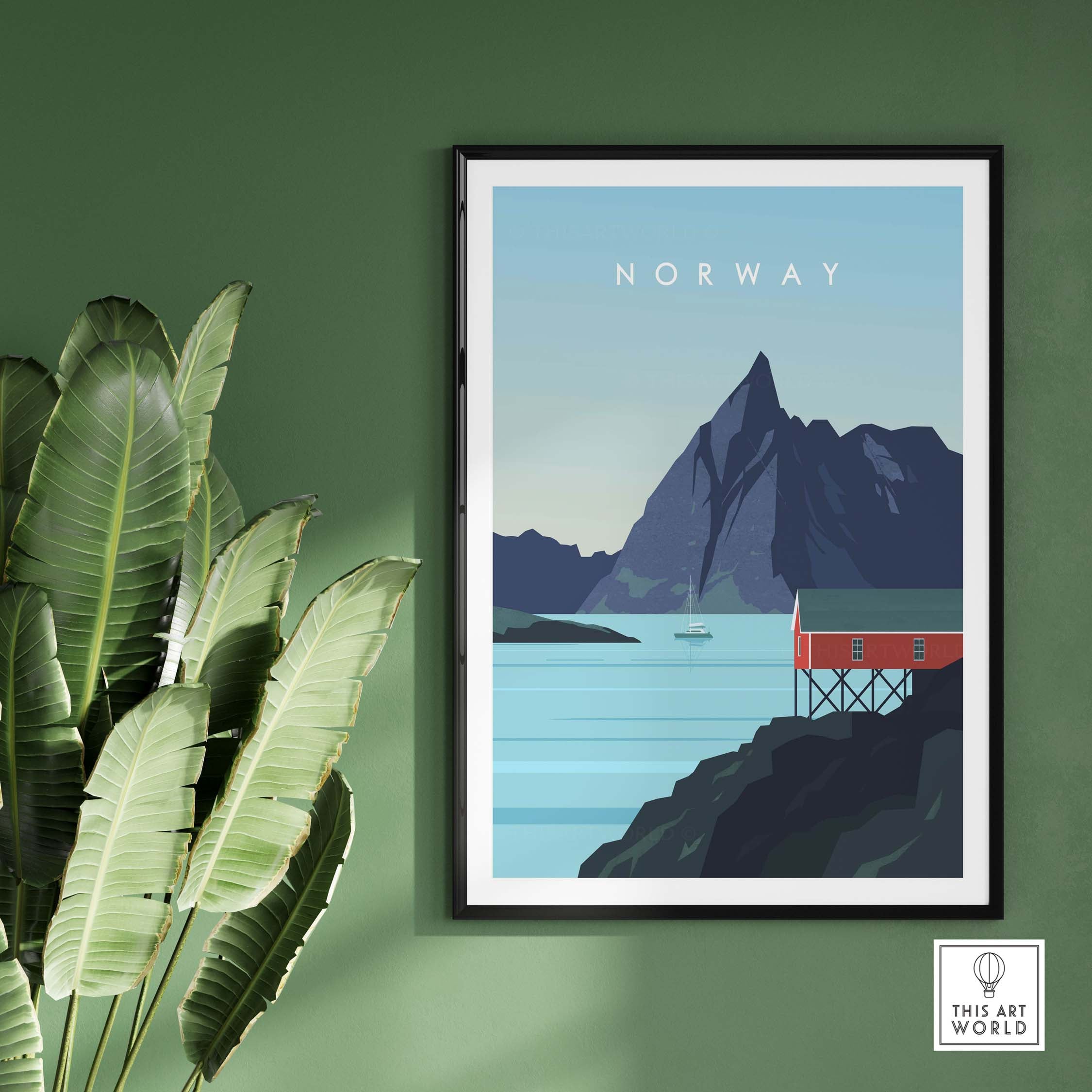 Norway print wall art poster displayed in a modern frame, featuring stunning mountains and serene waters.