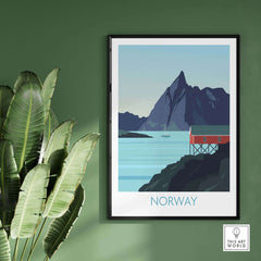 Norway print travel poster featuring scenic mountains and a coastal house, perfect for home or office decor.