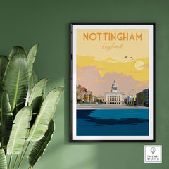 Nottingham Print England Poster featuring vintage-style artwork and vibrant colors, ideal for travel enthusiasts.