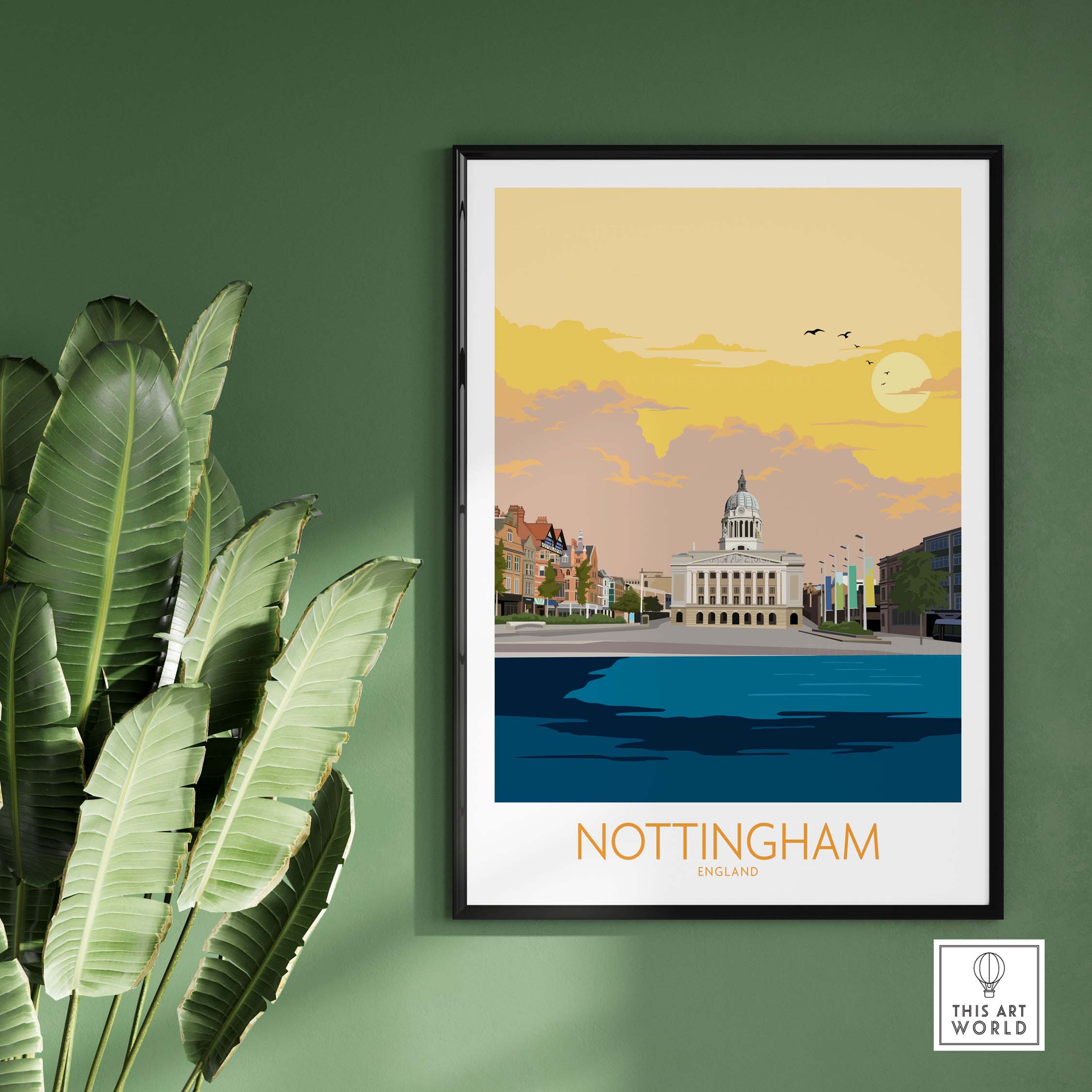 Nottingham Poster Print showcasing vintage travel art, perfect for home or office decor, featuring iconic landmarks.