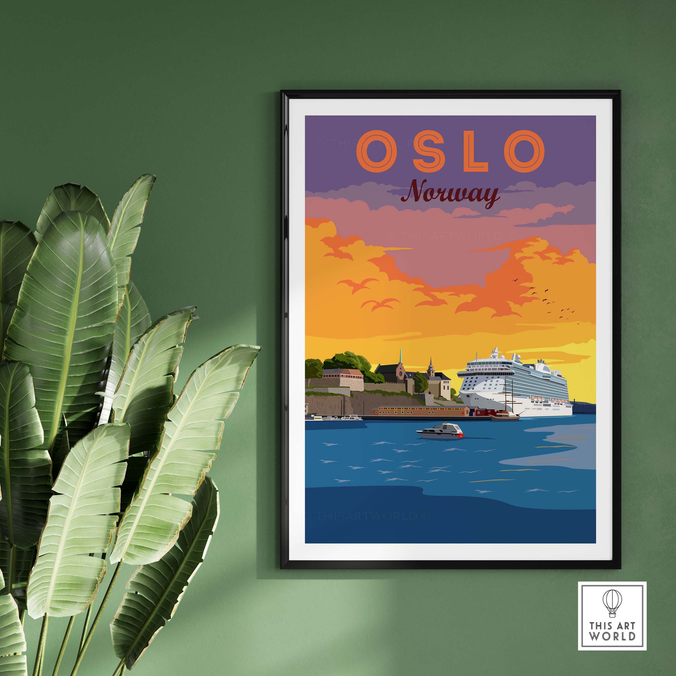 Oslo Print Norway travel poster featuring a scenic sunset view with a cruise ship and vibrant colors.