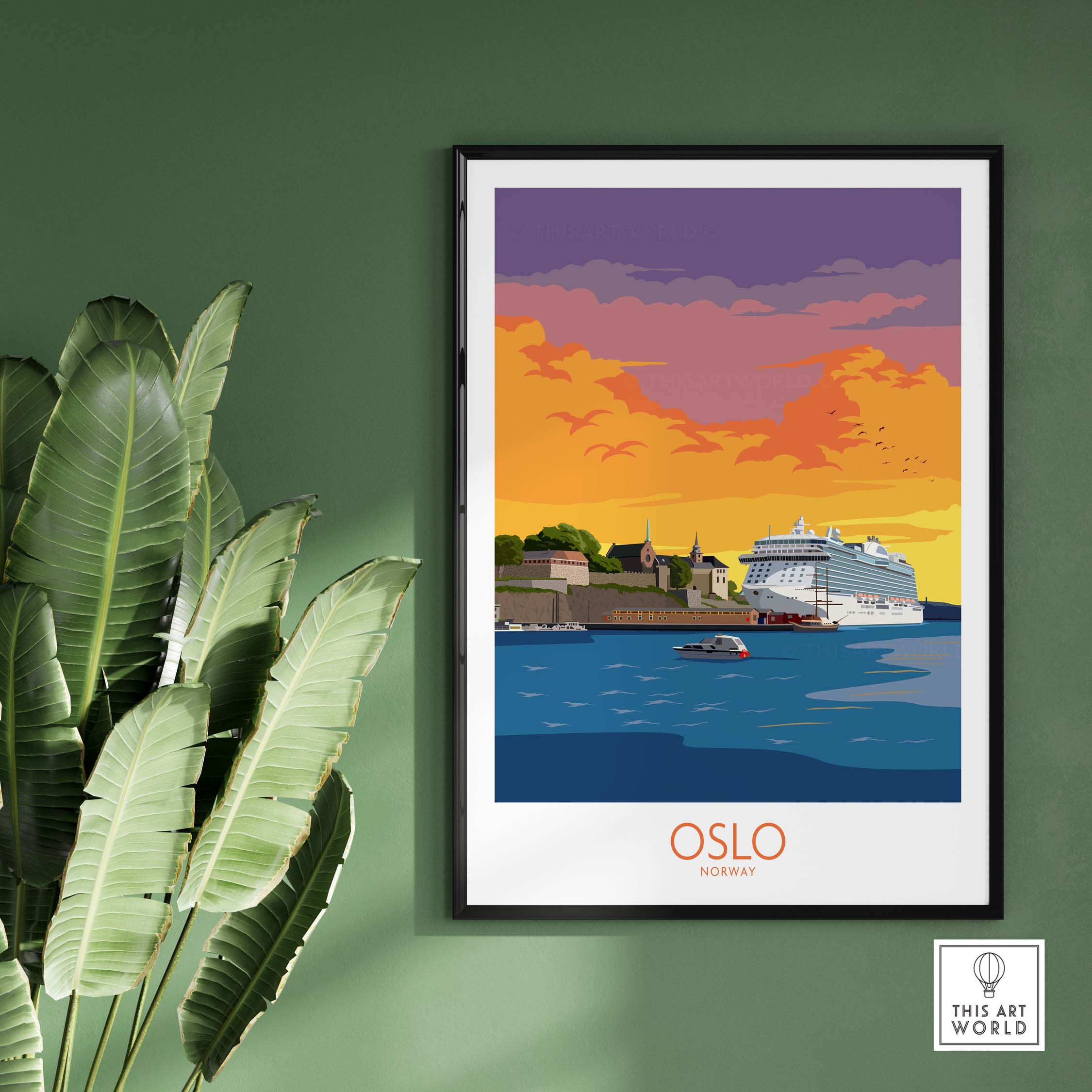 Framed Oslo Poster showcasing a colorful sunset over the harbor, embracing travel nostalgia for home decor.