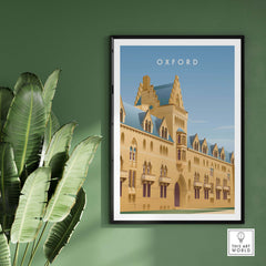 Framed Oxford Wall Art Poster featuring a vintage-inspired illustration of Oxford architecture.