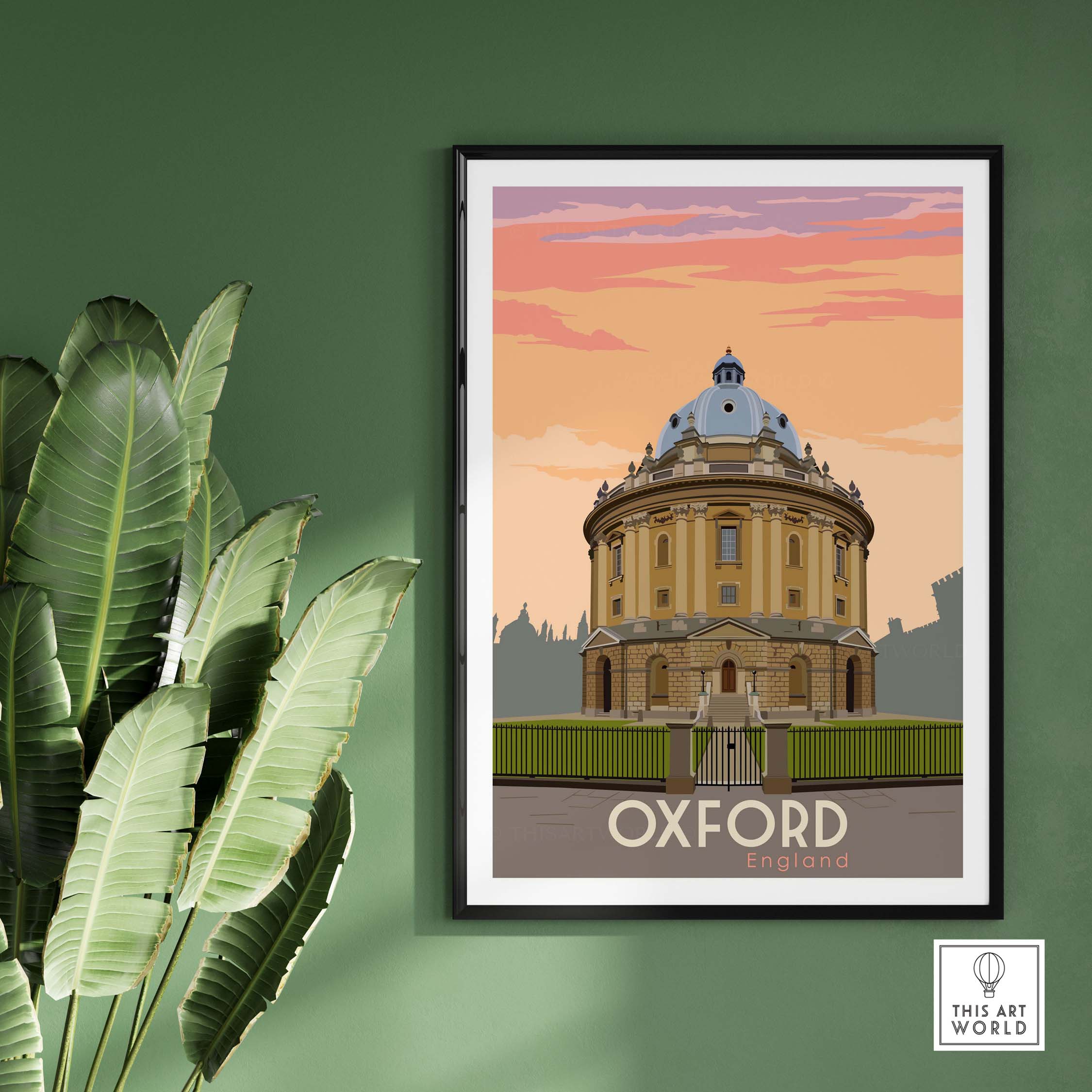 Oxford Print Poster Wall Art featuring a vintage illustration of Oxford, England, framed against a green wall.