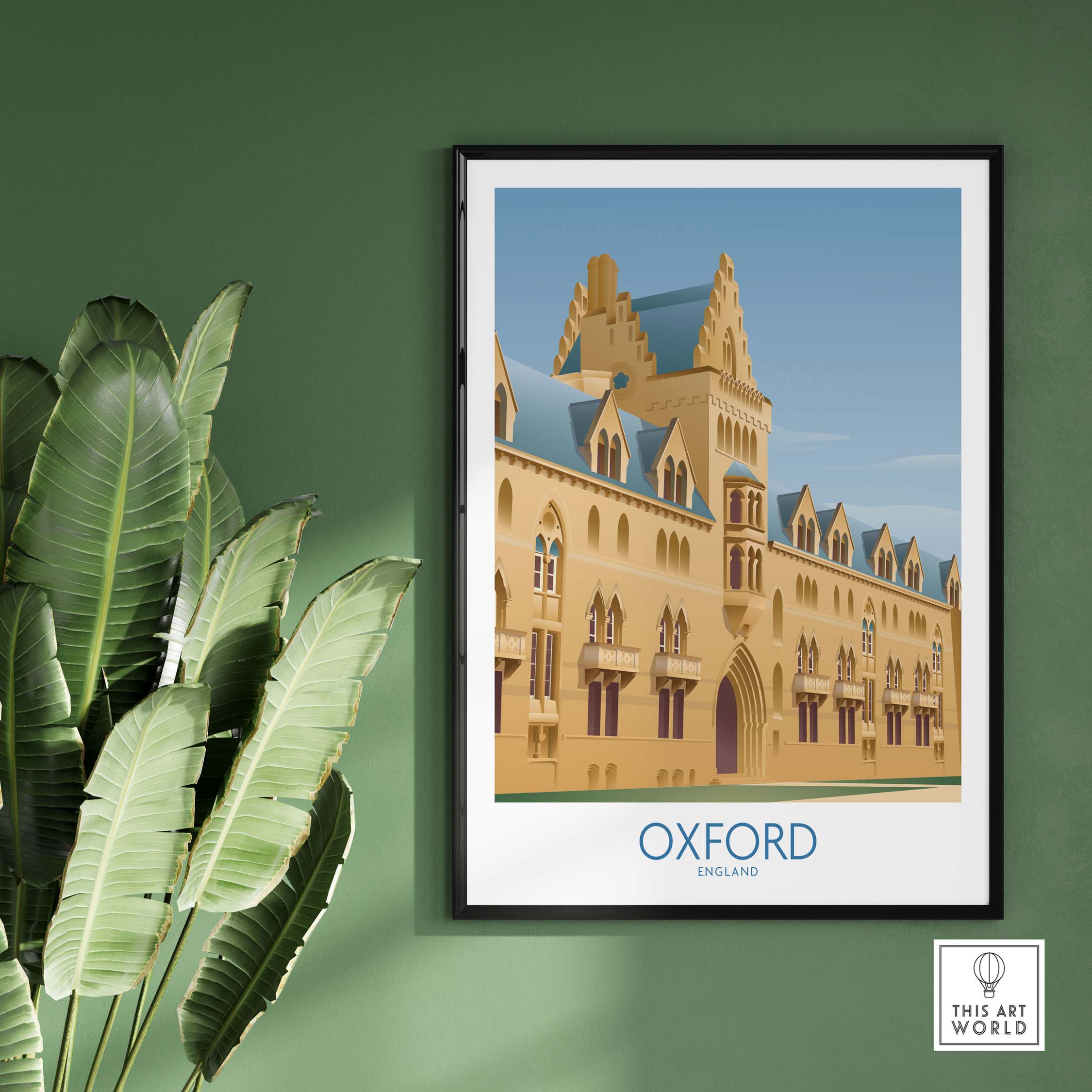 Framed Oxford Wall Art Print featuring a vintage-inspired illustration of a historic building in England.