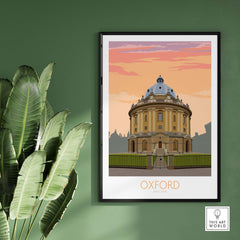 Oxford Travel Poster featuring the iconic Radcliffe Camera against a colorful sunset.