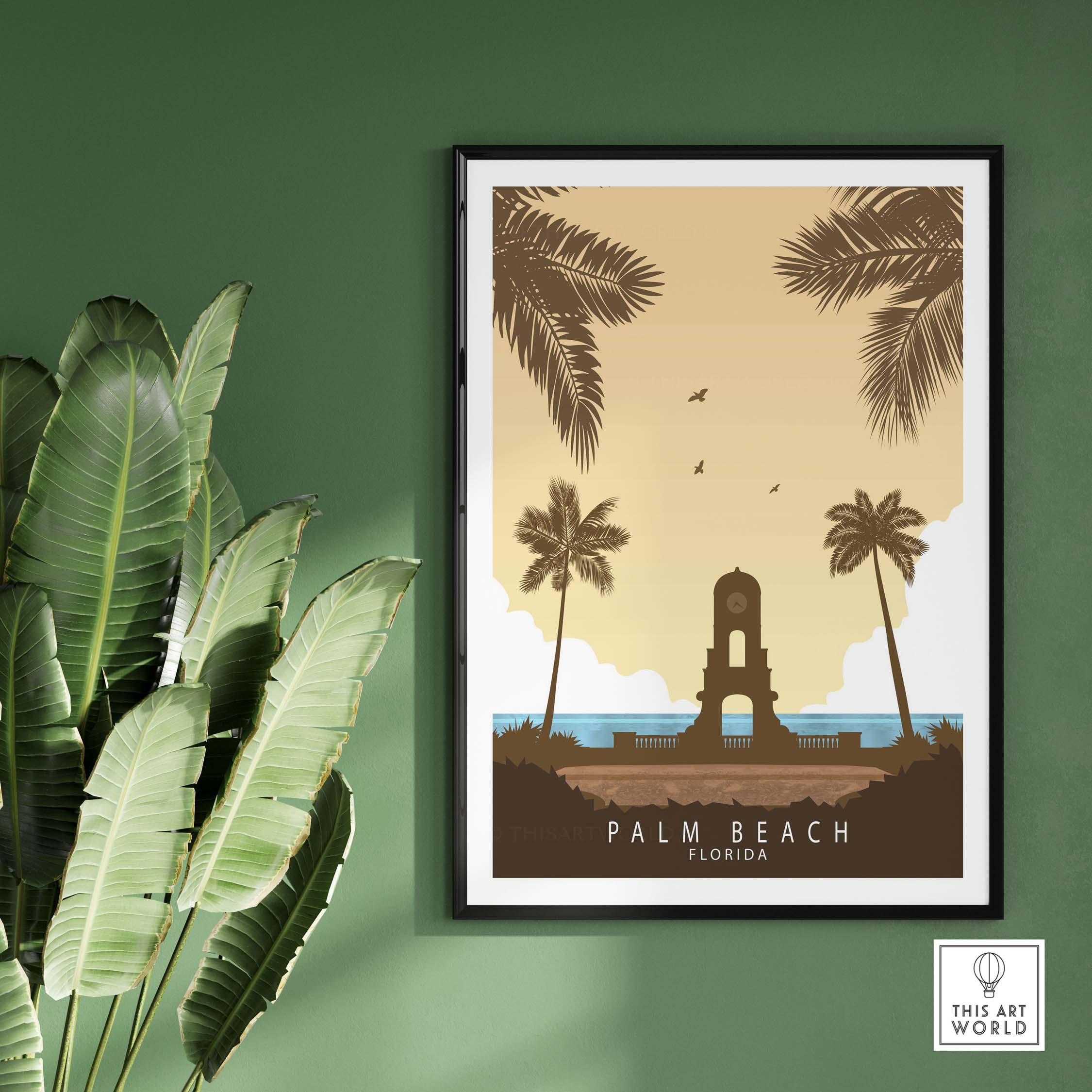 Palm Beach Florida vintage travel print framed on green wall with palm leaves, stylish wall art ideal for home or office.