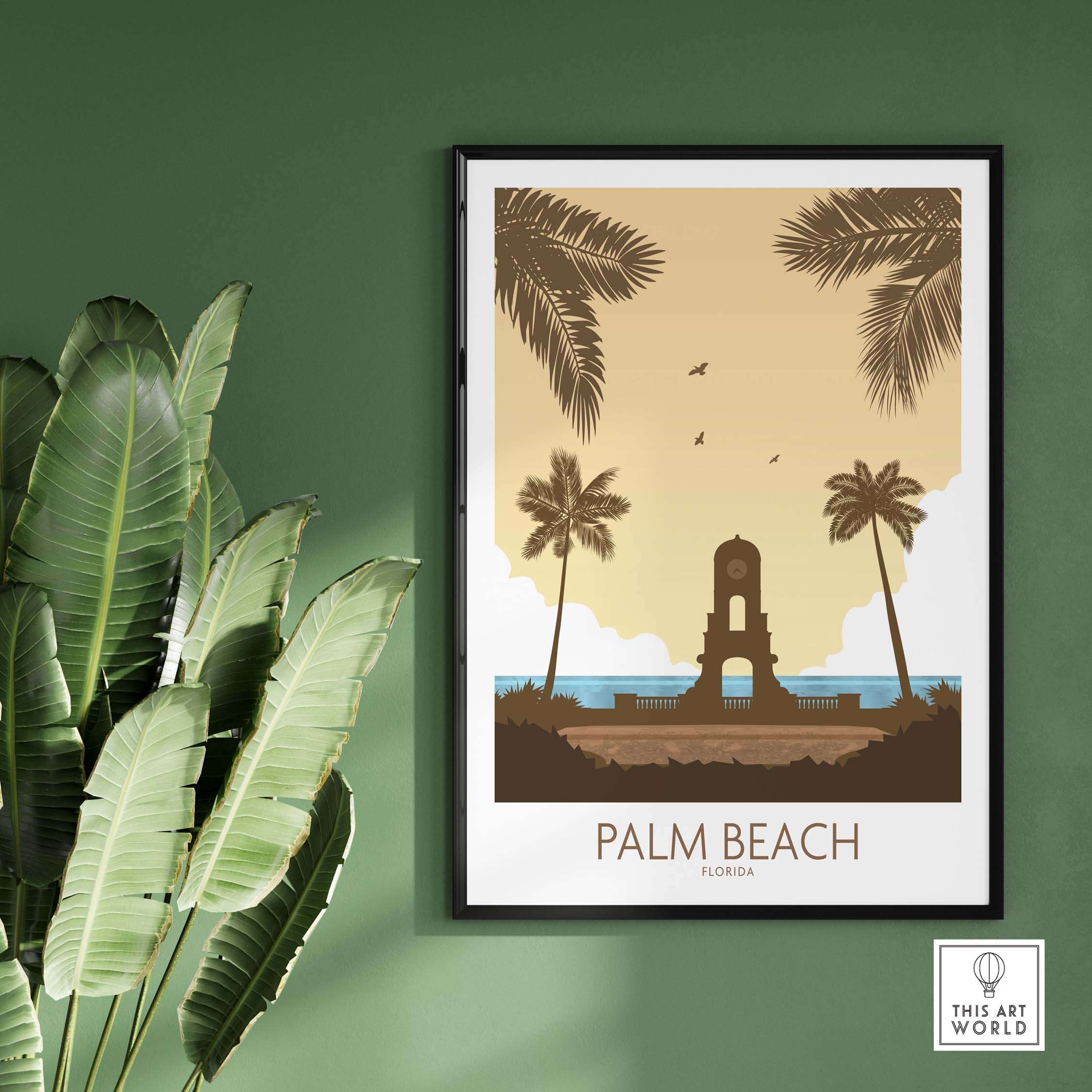 Palm Beach Wall Art print showcasing palm trees and a tower, inspired by vintage travel posters.