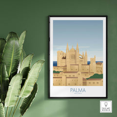Palma Mallorca Wall Art Print showcasing vintage style architecture and a coastal view, framed on a green wall.