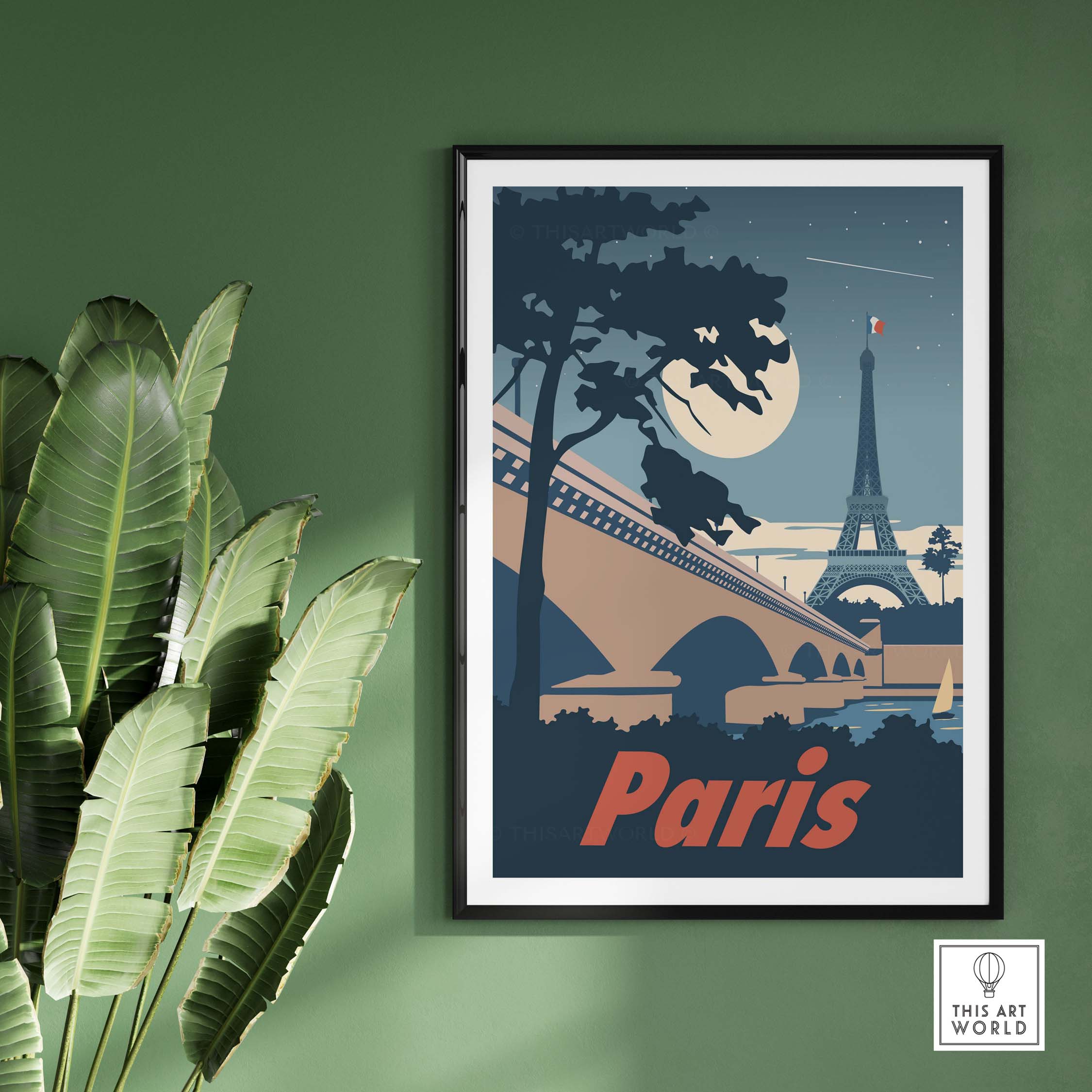 Vintage moonlit Paris poster with Eiffel Tower, framed on a green wall, showcasing travel nostalgia.
