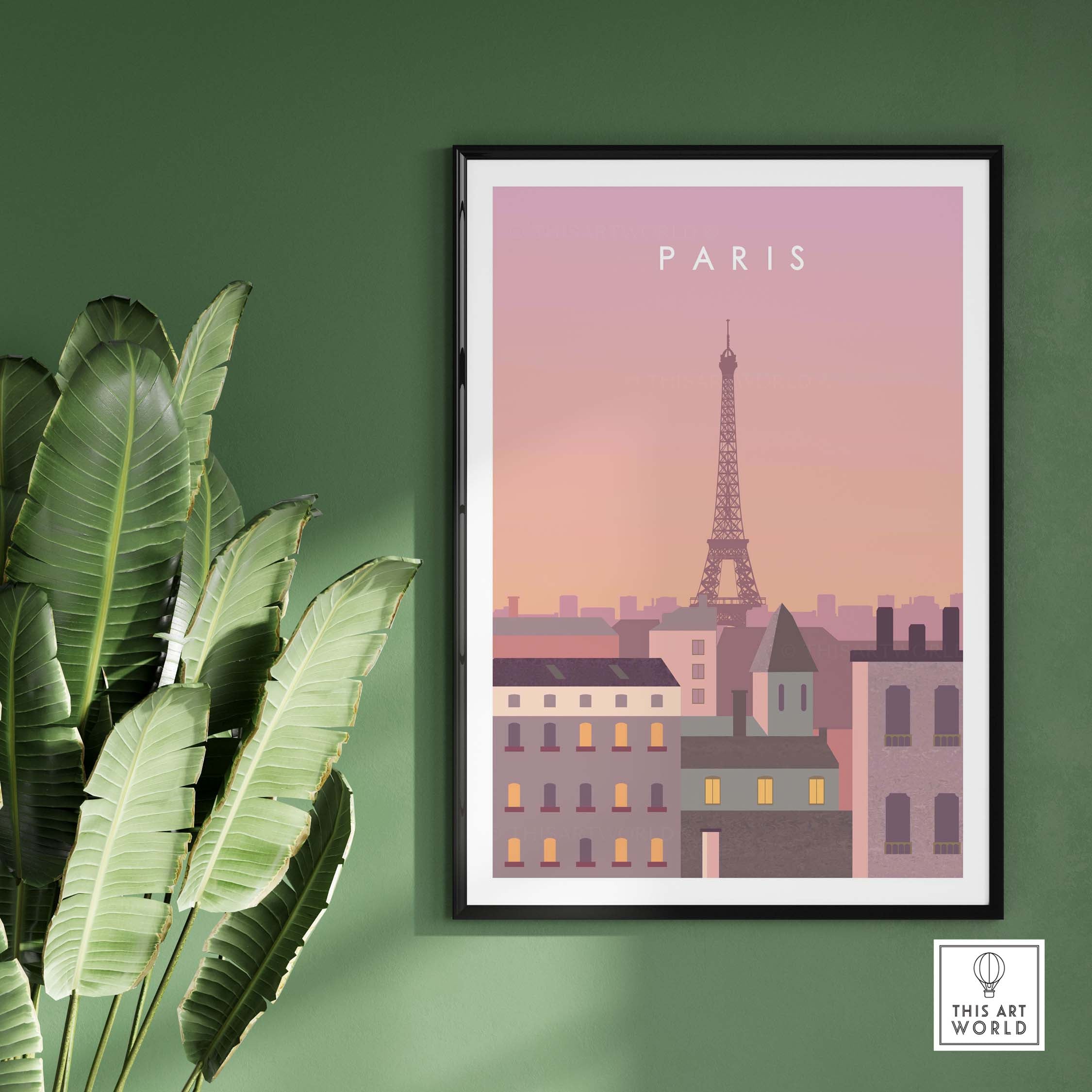 Paris Print Wall Art Poster featuring the Eiffel Tower in soft pastel colors, framed on a green wall with plants.