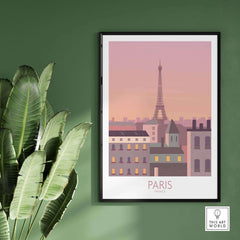 Framed Paris Print Travel Poster featuring the Eiffel Tower, perfect for home or office decor.