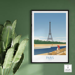 Paris Wall Art Poster featuring the Eiffel Tower, colorful vintage design, framed against a green wall.