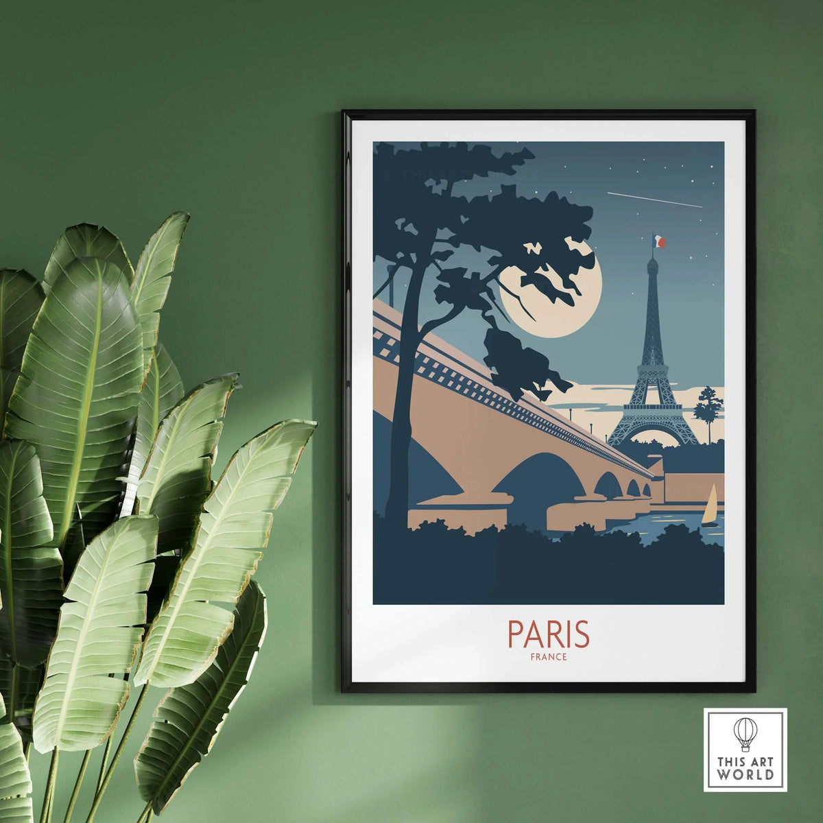 Vintage Paris travel poster featuring the Eiffel Tower and moonlight, perfect for home décor and wanderlust inspiration.