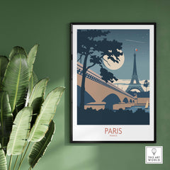 Vintage Paris travel poster featuring the Eiffel Tower and moonlight, perfect for home décor and wanderlust inspiration.