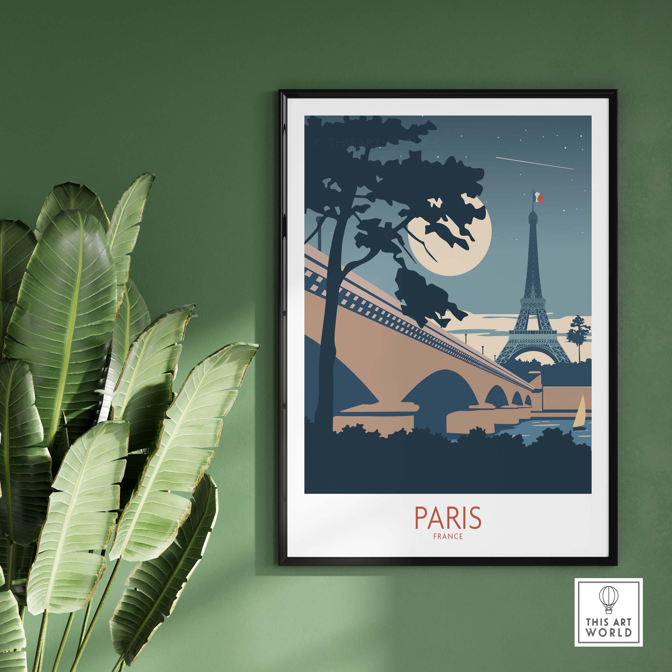 Vintage Paris travel poster featuring the Eiffel Tower and moonlight, perfect for home décor and wanderlust inspiration.