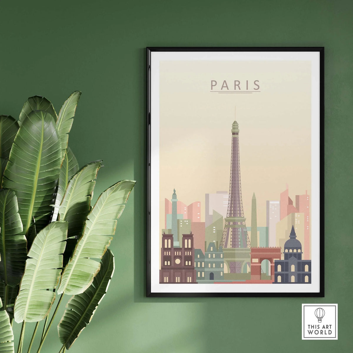 Paris City Skyline Print wall art featuring the Eiffel Tower in warm pastel tones, framed against a green wall.