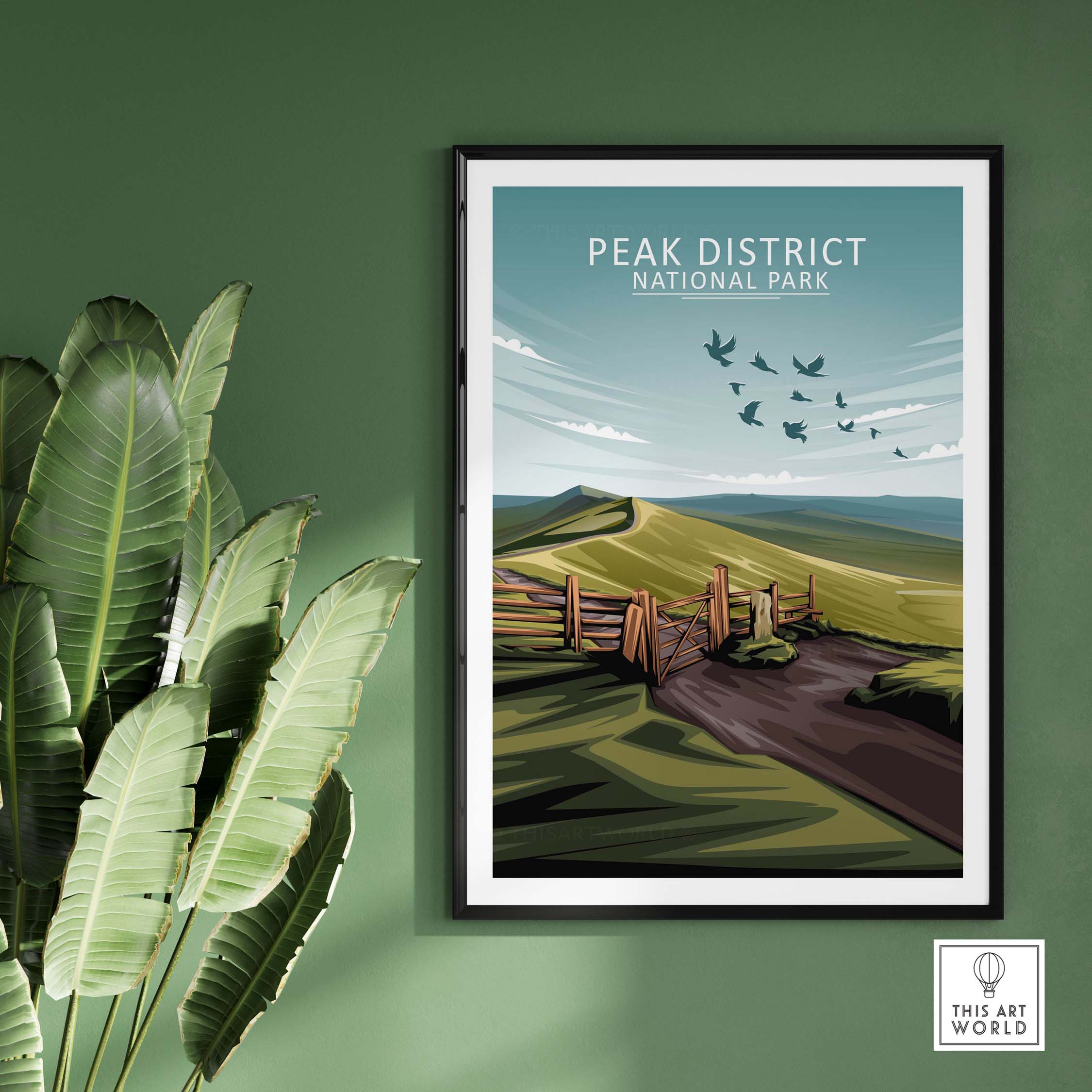 Peak District National Park poster framed on a green wall with a modern design and nature-inspired elements.