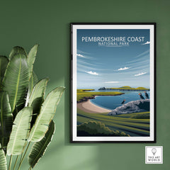 Pembrokeshire Coast National Park poster in minimalist style, showcasing stunning outdoor scenery and vibrant colors.