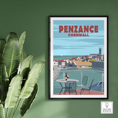 Penzance Cornwall vintage travel poster print in minimalist style, perfect for home or office decor.