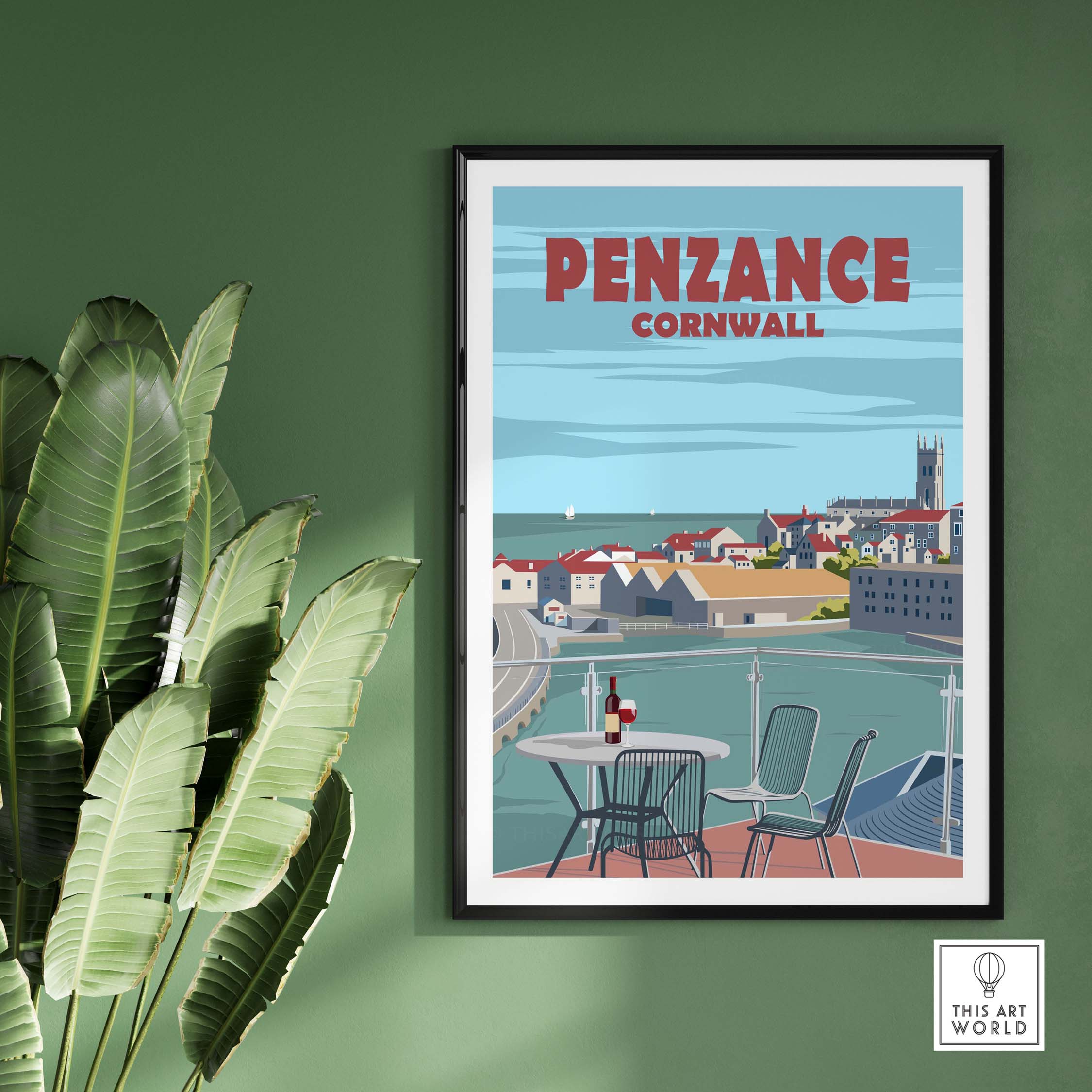 Penzance Cornwall vintage travel poster print in minimalist style, perfect for home or office decor.