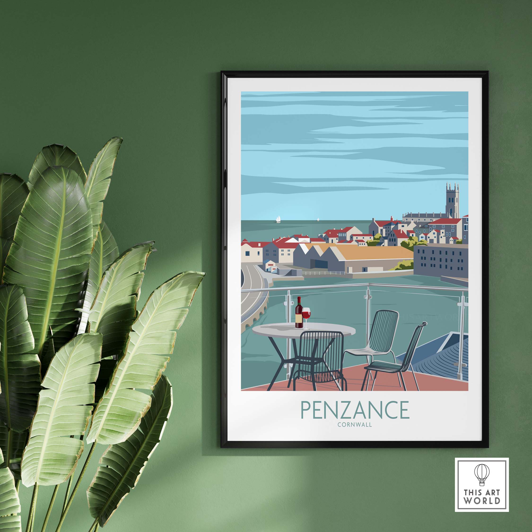 Penzance Cornwall poster print featuring a coastal view, minimalist design, and decorative elements, ideal for home decor.