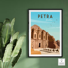 Petra Travel Poster Print featuring the ancient city of Petra, Jordan in a minimalist vintage style, complementing home decor.