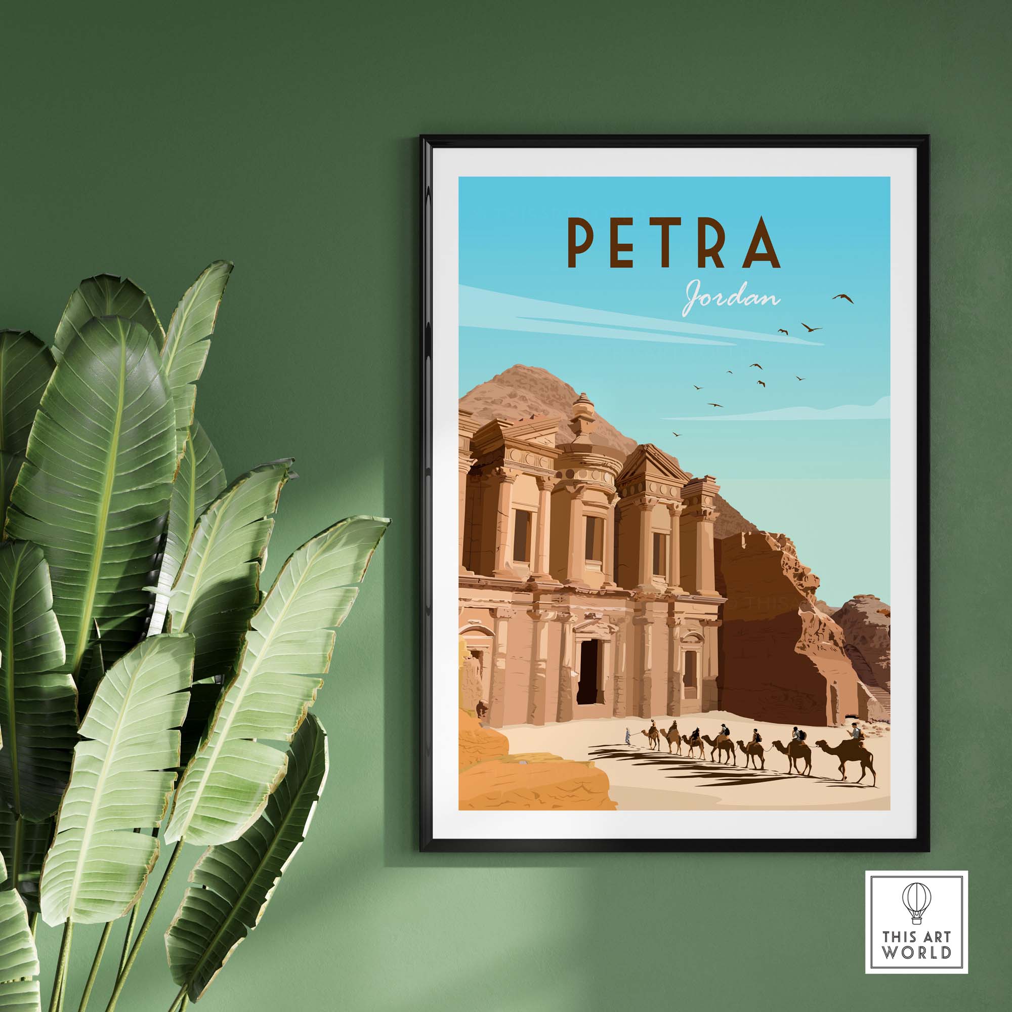 Petra Travel Poster Print featuring the ancient city of Petra, Jordan in a minimalist vintage style, complementing home decor.