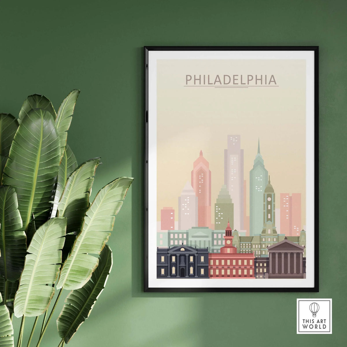 Philadelphia skyline poster featuring iconic buildings in pastel tones, framed artwork for stylish home decor.