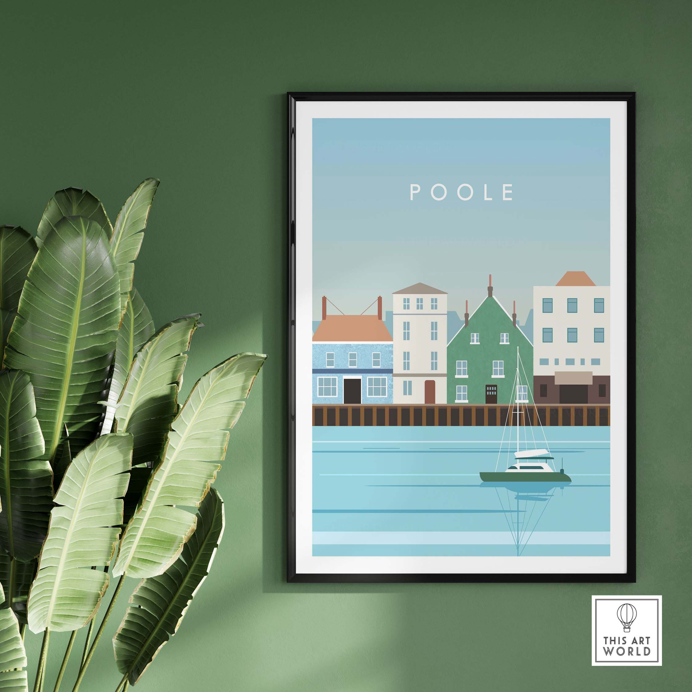 Framed Poole Print Poster Dorset Wall Art depicting coastal houses and a boat on the water, perfect for travel enthusiasts.
