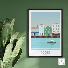 Poole Dorset travel poster print featuring colorful buildings and a boat, perfect UK wall art for home or office.