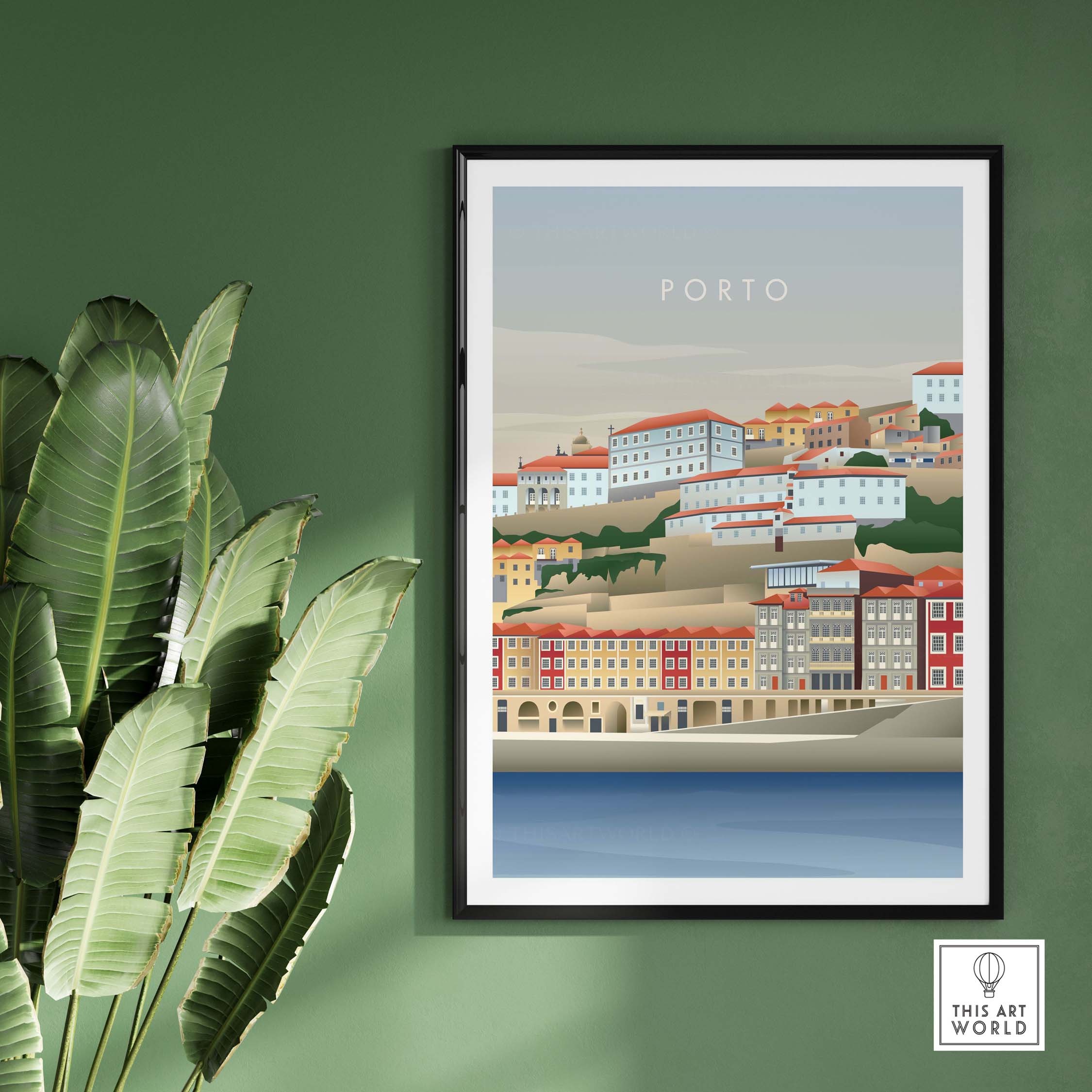 Porto Portugal wall art poster featuring colorful buildings and waterfront, perfect for travel-inspired home decor.