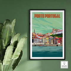 Porto Print Poster Wall Art showcasing vibrant cityscape of Porto, Portugal, framed against a green wall.