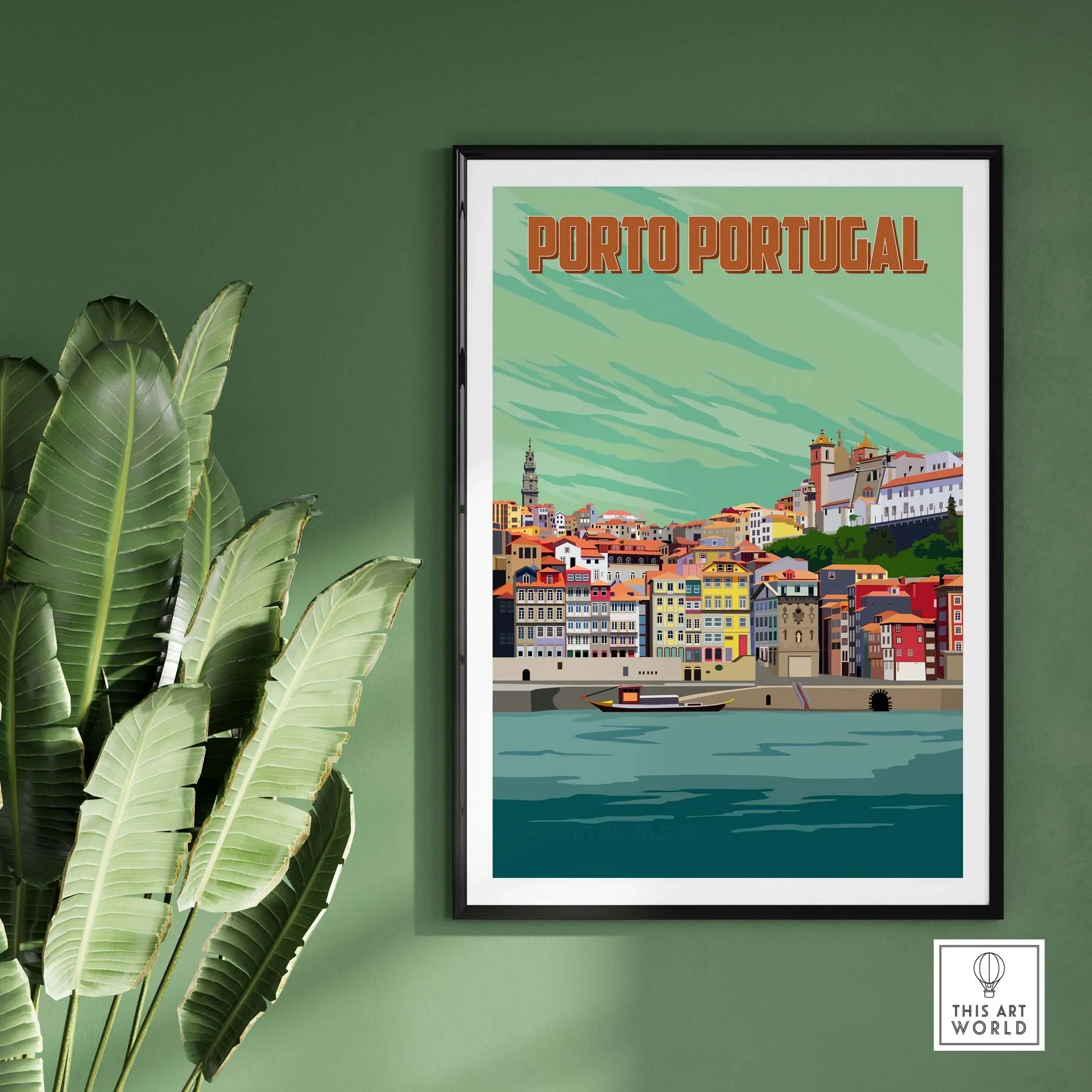 Porto Print Poster Wall Art showcasing vibrant cityscape of Porto, Portugal, framed against a green wall.