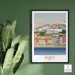 Porto Wall Art Portugal Print featuring a scenic vintage view of Porto's colorful buildings by the water.