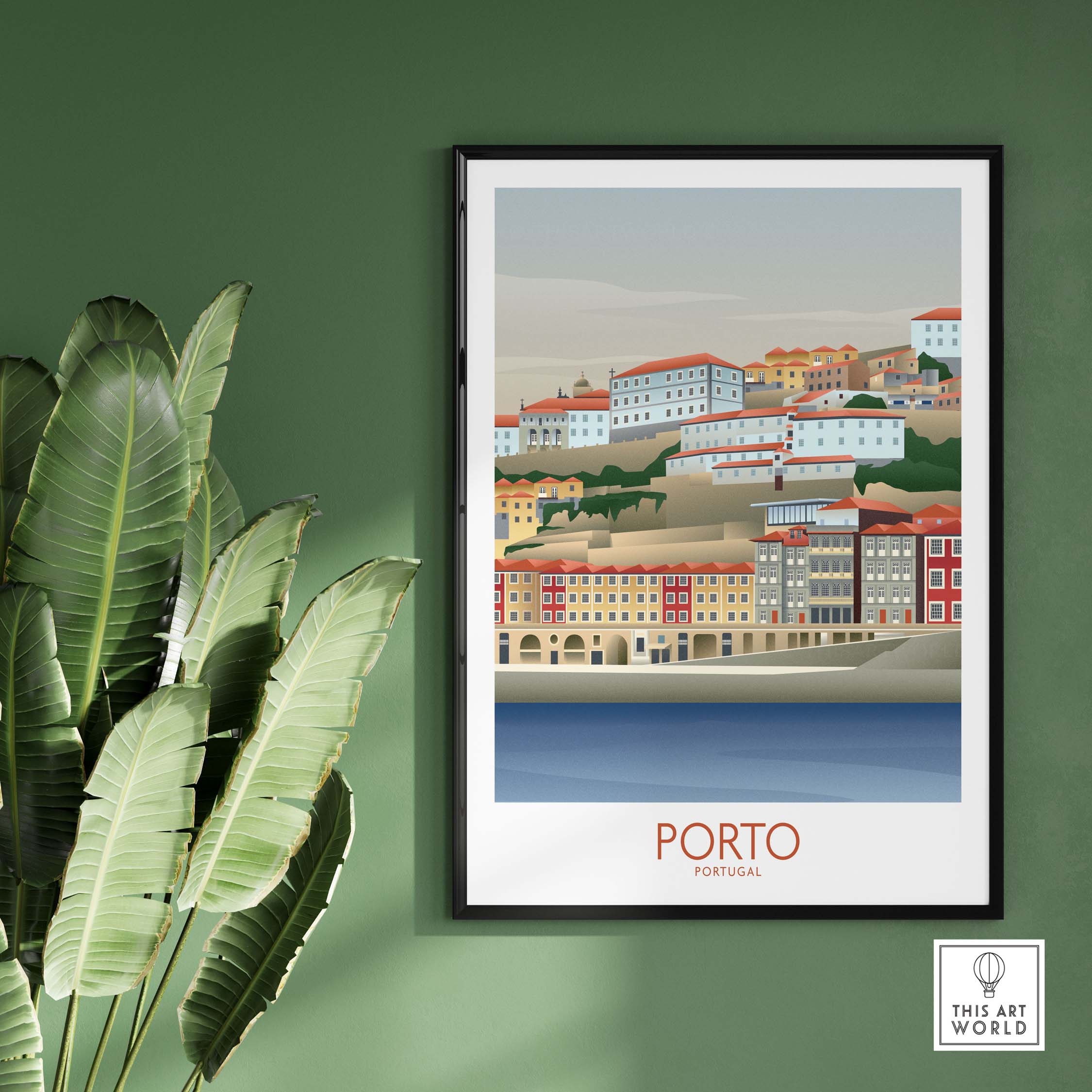Porto Wall Art Portugal Print featuring a scenic vintage view of Porto's colorful buildings by the water.